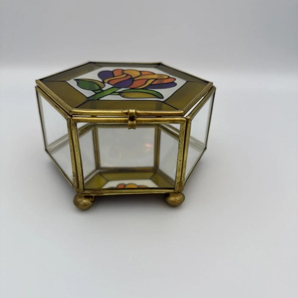 Stained Glass Mirror Brass Footed Trinket Box Flower Vintage Vanity Dresser